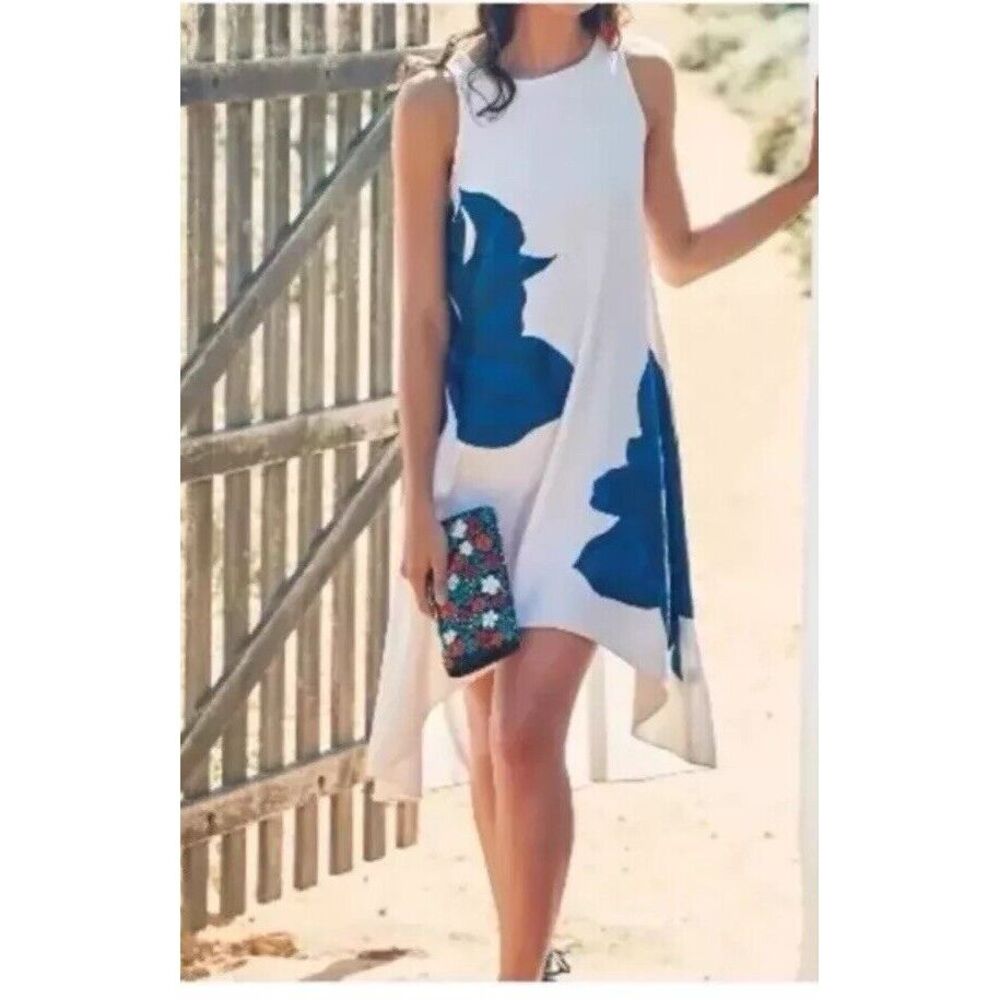Anthropologie Ranna Gill Ivory Embroidered Blue Floral Bluebell Dress Size S